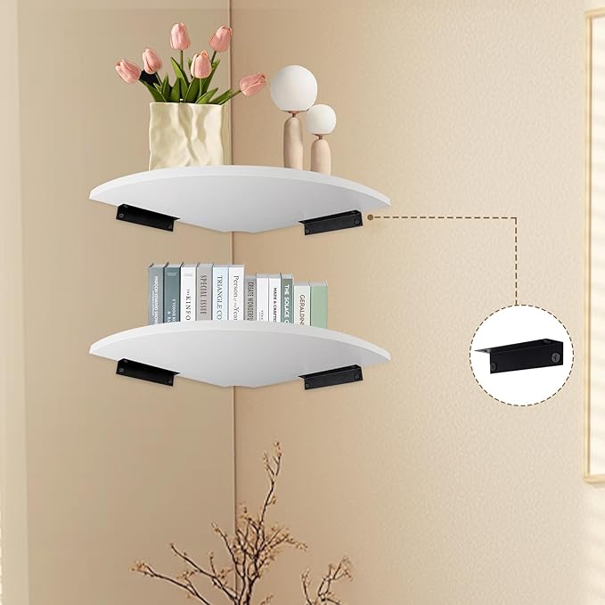 JJL Corner Shelf, 12-Inch Sector Wall Shelf, Set of 2 Wooden Hanging Shelves with Wire Hole for Bedroom Corner Decoration, White