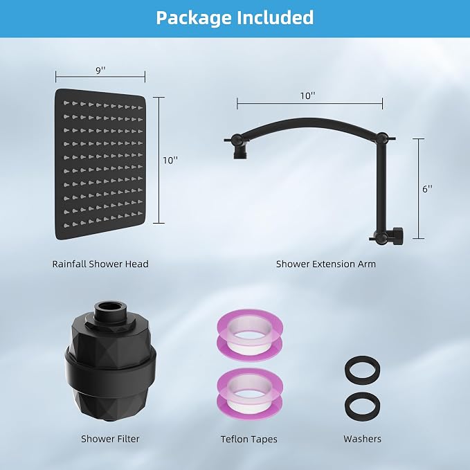 Hibbent 10'' Filtered Rain Shower Head with 16'' Extension Arm, Matte Black | High Pressure Rainfall Showerhead, Brass Adjustable Shower Head Extension Arm, 20 Stage Shower Filter, Fixed Showerheads