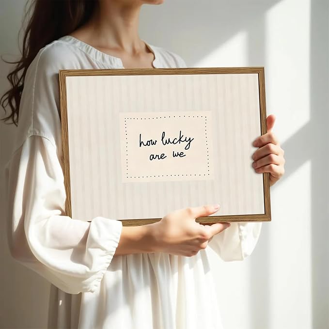 How Lucky Are We Wall Art Funky Preppy Inspirational Quote Sign Wall Decor Picture Trendy Minimalist Striped Poster Canvas Painting Print for Bedroom Living Room Dorm 24x16 inch Wood Framed