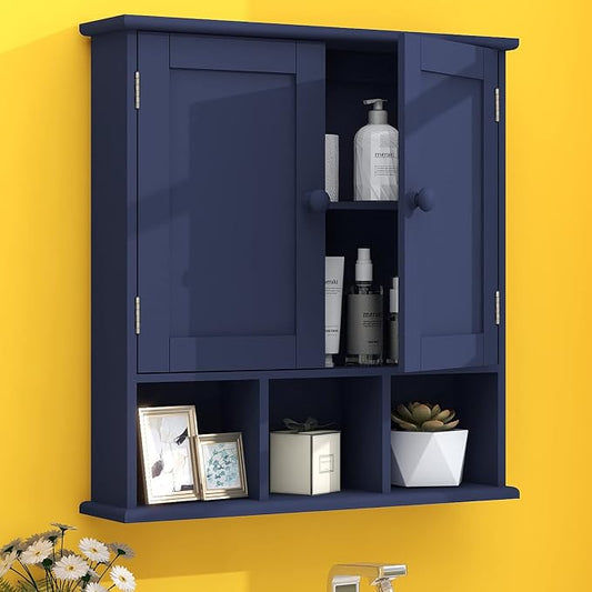 TaoHFE Blue Bathroom Over The Toilet Storage Cabinet | Wall Medicine Cabinet Organizer With 2 Door Adjustable Shelves,Wooden Modern Bathroom Shelves Wall Mounted Laundry Room