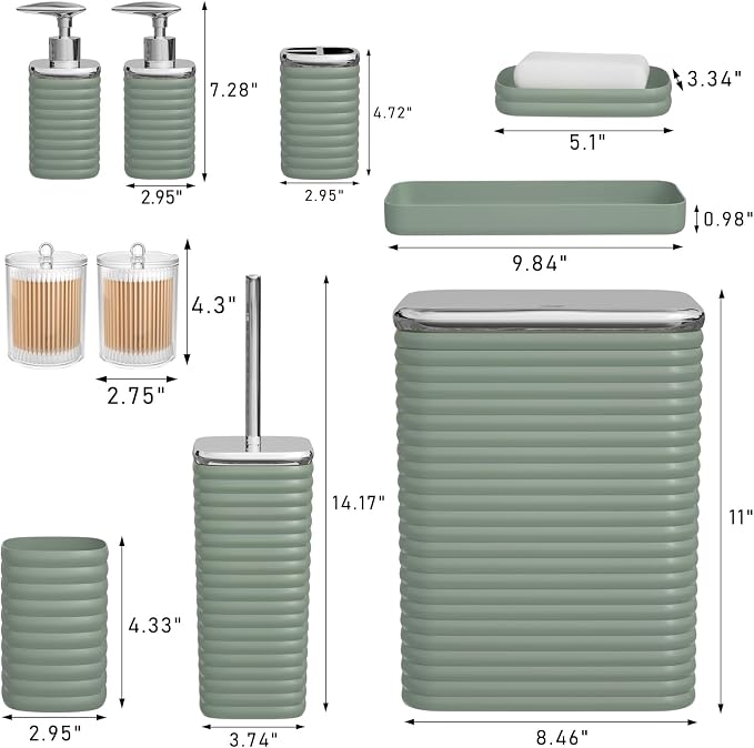 Bathroom Set - 10PC Bathroom Accessory Set, Sage Green Bathroom Set, Luxury Bathroom Accessories Set, Trash Can, Toilet Brush, Soap Dish, Qtip Holder & Soap Dispenser