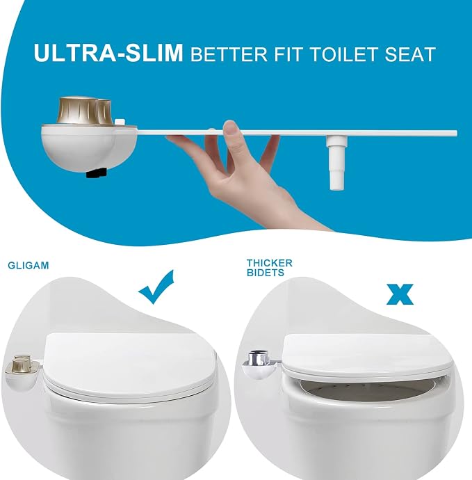 GLIGAM Hot and Cold Bidet Attachment for Toilet Seat, Warm Water Bidet | Ultra-Slim Bidet- Non-Electric with Self Cleaning Nozzles, Leak Proof, Adjustable Pressure Control & Angle Controls