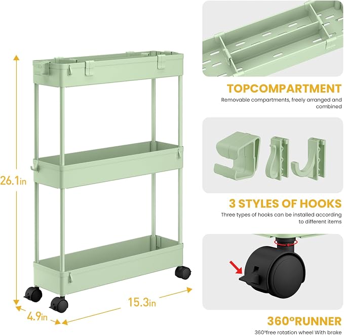 Slim Storage Cart 3 Tier,Bathroom Organizer Rolling Utility,Mobile Shelving Unit Slide Out for Office, Kitchen, Laundry Room & Narrow Places，Green