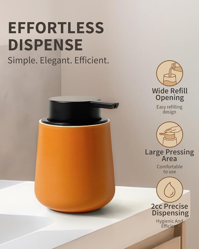 BosilunLife Ceramic Soap Dispenser - Dish Soap Dispenser for Bathroom 12Oz | Refillable Liquid Hand Wash Dispenser for Essential Oil, Lotion Soap, Orange