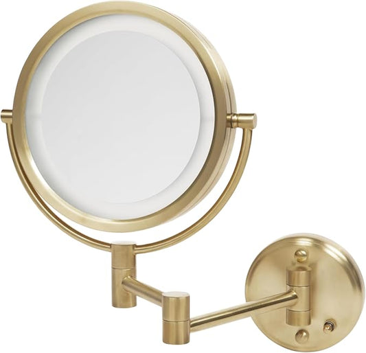 JERDON Hardwired Wall-Mount Makeup Mirror - 8X/1X - Gold - HL88BGLD | 8.5" Round Frame, 13.5" Wall Arm, LED Lighting, Direct Wire Installation