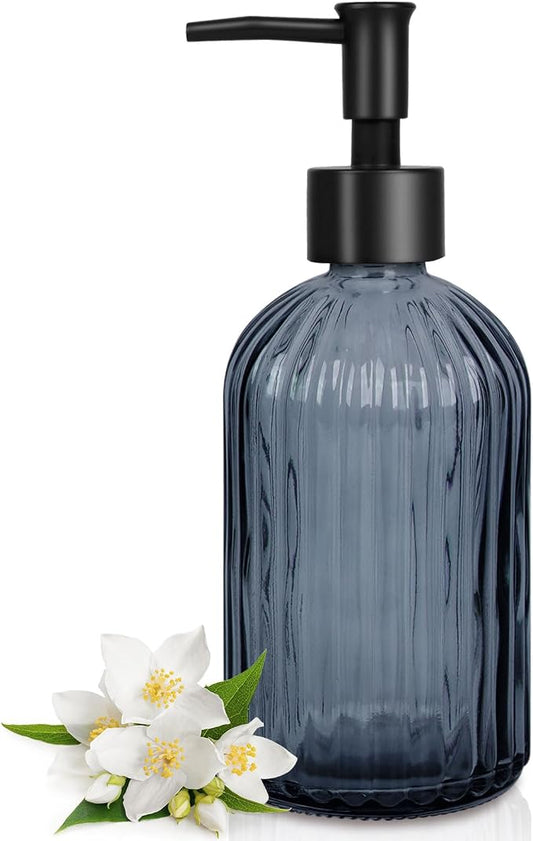 Topsky Stripe Glass Soap Dispenser with Black Plastic Pump, 400ml Liquid Hand Soap Dispenser, Rustproof Pump for Kitchen & Bathroom, Great for Lotions, Essential Oil, Liquid Soaps- (Grayish Blue)