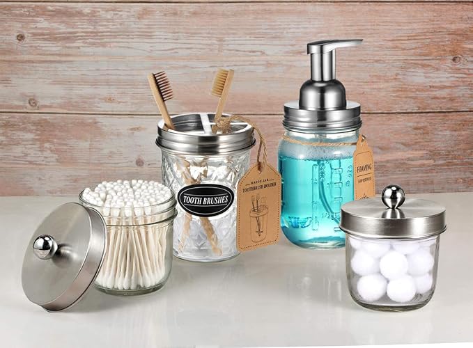 Amolliar Mason Jar Foaming Soap Dispenser Glass Soap(Brushed Nickel 2 Pack) | Refillable Hand Soap Dispenser for Kitchen, Foam Soap Dispenser Countertop, Farmhouse Decor, Shampoo, Bathroom Soap Dispenser