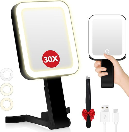 Small Travel Makeup Mirror with Lights(10" L x 5" W), Double-Sided 1X/30X Magnifying Mirror, 3 Color Lighting & Brightness Adjustable, Portable &Foldable Mirrors with Light (Black)