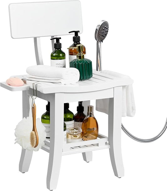 Bamboo Shower Chair for Inside Shower Elderly Disabled, White | Two-Tier Shower Bench with Storage Shelf, Soap Dish, Shower Head Holder, Watrerproof Shower Seat for Adults Pregnant