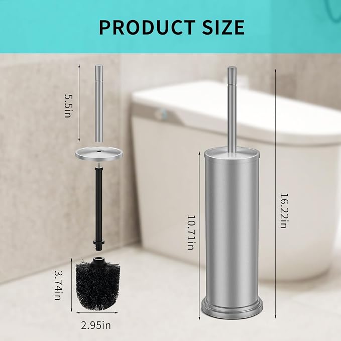 Stainless Steel Toilet Brush and Holder Set,Toilet Bowl Brush and Holder | Brushed Nickel Heavy Duty Toilet Brush for Bathroom with Long Handle,Removable Inner Bowl and Splash Protection,Deep Cleaning