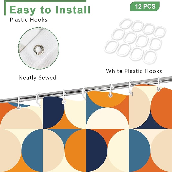 Mid Century Modern Shower Curtain, Colorful Boho Geometric Abstract Vintage Shower Curtains for Bathroom, Colorful Unique Pattern Polyester Fabric Shower Curtain Set 12 Hooks 72X72IN