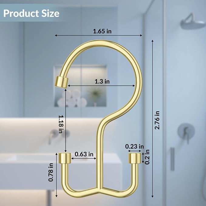 24 Pcs Shower Curtain Hooks, OEH Shower Curtain Rings, Durable Gold Shower Curtain Hooks Rust Proof, Shower Rings for Curtain, Free Sliding Anti-Drop Double Shower Hooks for Shower Curtain Rod, Gold