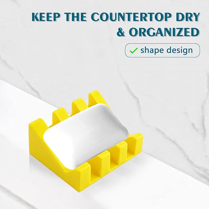 Self Draining Soap Dish Holder,Silicone Soap Dish,for Bathroom,Kitchen, Sponges，Can Extend Soap Life，Keep Soap Bars Dry and Easy Cleaning (Yellow+Sky Blue,2-Pack)