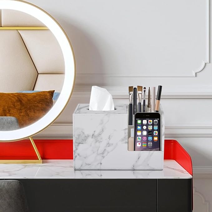 PU Leather Tissue Box Cover Square-Multifunctional Bathroom Tissue Box Holder/Organizer with 2-Compartment,Remote Control Holder,Decorative Tissue Box Covers Cube,Home Office Desktop Storage box,White