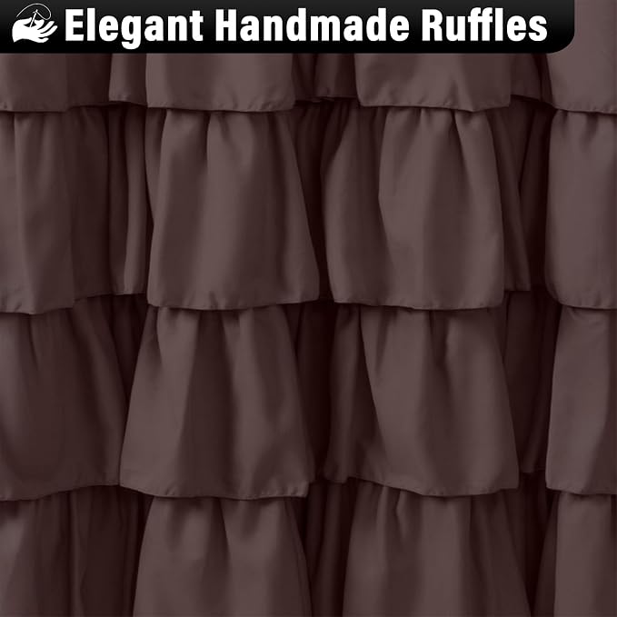 Seasonwood Brown Ruffle Shower Curtain Farmhouse Shower Curtain 72 X 72 | Natural button accents, layered fabric tiers, shabby chic and French country styling for decorative bathroom updates