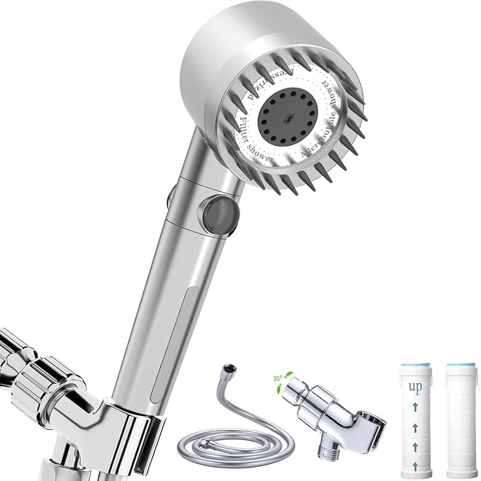High Pressure Handheld Shower Head High Pressure Shower Heads- High Flow Even with Low Water Pressure - Hand Held Showerhead Set with 59″Replacement Hose/Bracket and Cotton Filters (Premium Chrome)