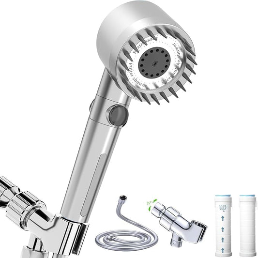 High Pressure Handheld Shower Head High Pressure Shower Heads- High Flow Even with Low Water Pressure - Hand Held Showerhead Set with 59″Replacement Hose/Bracket and Cotton Filters (Premium Chrome)