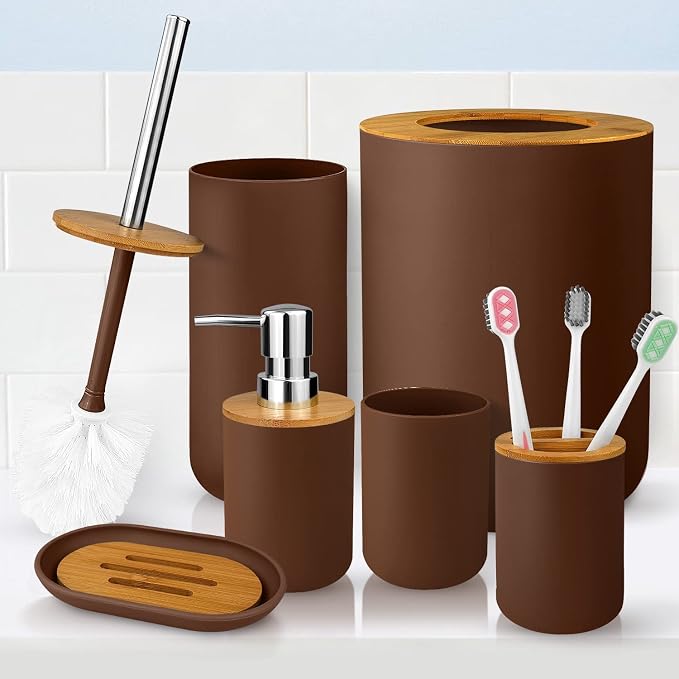 Bathroom Accessory Set, 6 Pcs Bathroom Essential Includes Toothbrush Holder, Toilet Brush with Soap Dispenser, Toothbrush Cup, Soap Dish, Trash Can (Brown, Bamboo)