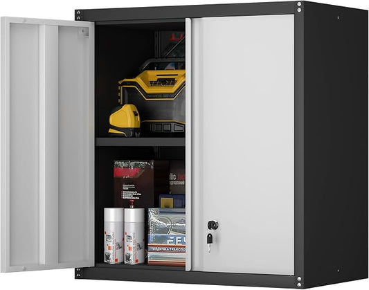 Steel Wall Cabinet, Heavy Duty Hanging Garage Storage Cabinet with Adjustable Shelf & Locking Doors, Wall Mounted Metal Garage Cabinet for Workshop, Utility Room, Shed, Black/Grey