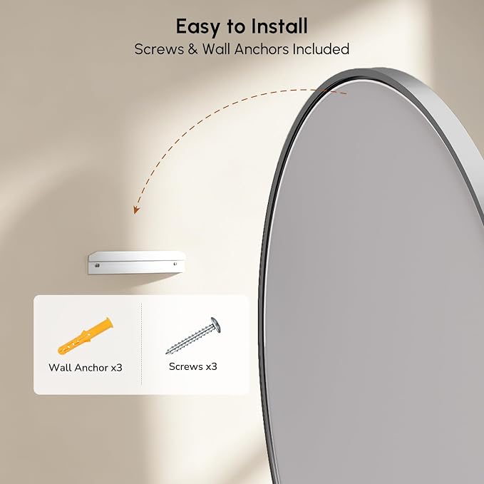 Brushed Nickel Oval Bathroom Mirror 20x28 Inch | Silver Vanity Mirror, Crystal-Clear HD Glass, Rust-Proof Aluminum Frame, Inner-Curved Decor for Bedroom, Entryway Renovation