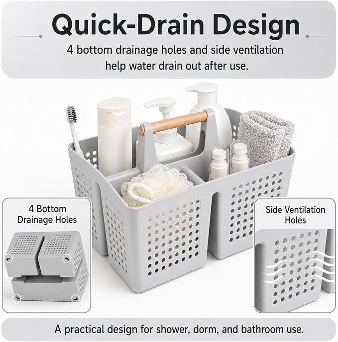 Portable Shower Caddy Basket with 3 Compartments and Handle, Light Gray | Plastic Divided Storage Caddy for Bathrooms, Apartments, Guest Rooms, Offices, Crafts and Under-Sink Organization