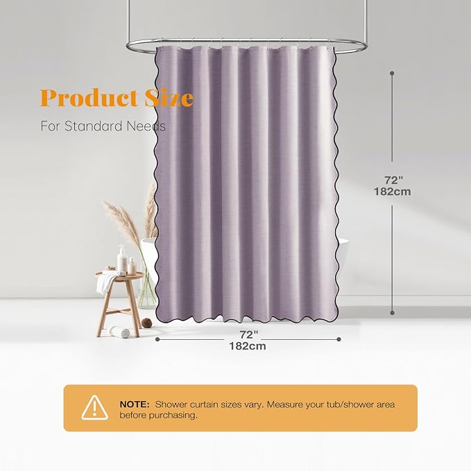 Lavender Boho Scalloped Linen Textured Cloth Shower Curtain Set, 72x72 | 230GSM Waterproof Polyester, Heavy Duty Fabric, 12 Plastic Hooks, Modern Farmhouse Style, Machine Washable, Bathroom Decor
