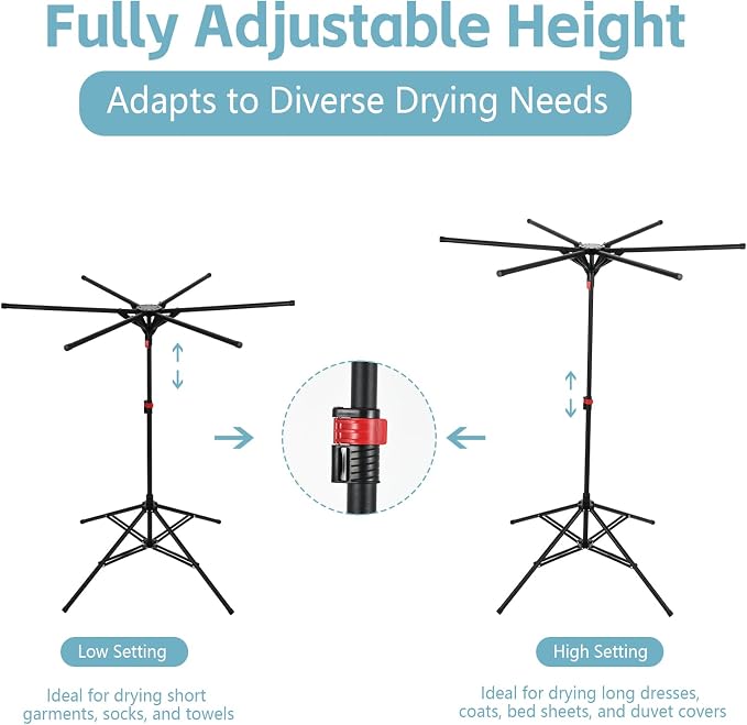 Foldable Clothes Drying Rack, 6 Rod Umbrella Style Height Adjustable Carbon Steel Laundry Stand with 40 Windproof Hooks, Collapsible Space Saving Tripod Garment Dryer for Indoor Backyard Outdoor
