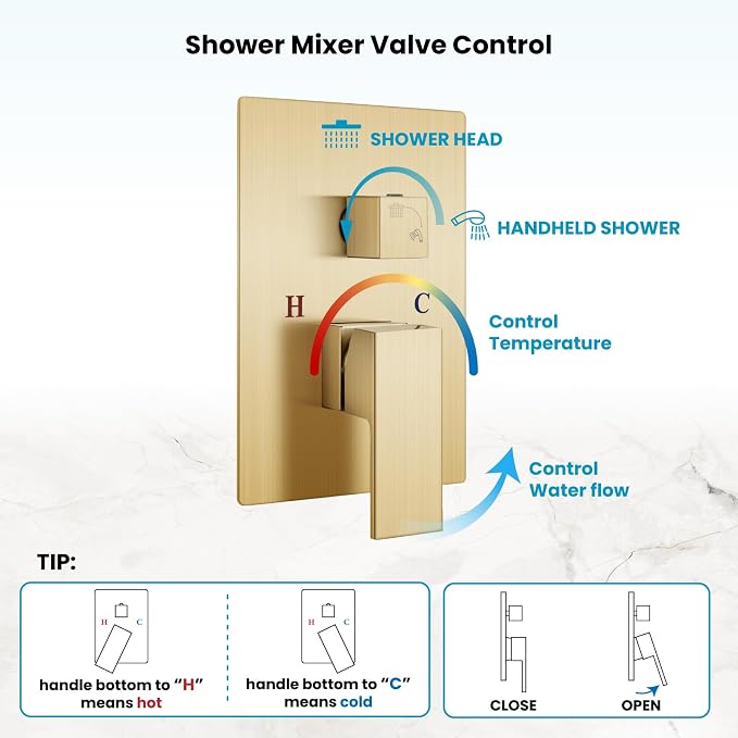 gotonovo Shower Faucet Set with Handheld Spray Brushed Gold,10'' Head | SUS304 Rainfall Shower Head and Handle Set System Fixture,Pressure Balance Valve Trim Kit,Single Handle,Wall Mount,All Metal