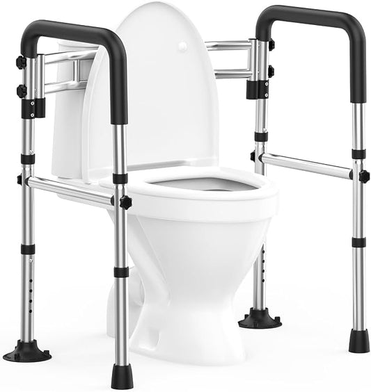 Upgraded Toilet Safety Rails 380LBS, Stainless Steel Toilet Rail Frame, Adjustable Stand Alone Toilet Support with Non-Slip Grips & Suction Cups,Tool-Free Assembly, Fits for Elderly/Disabled