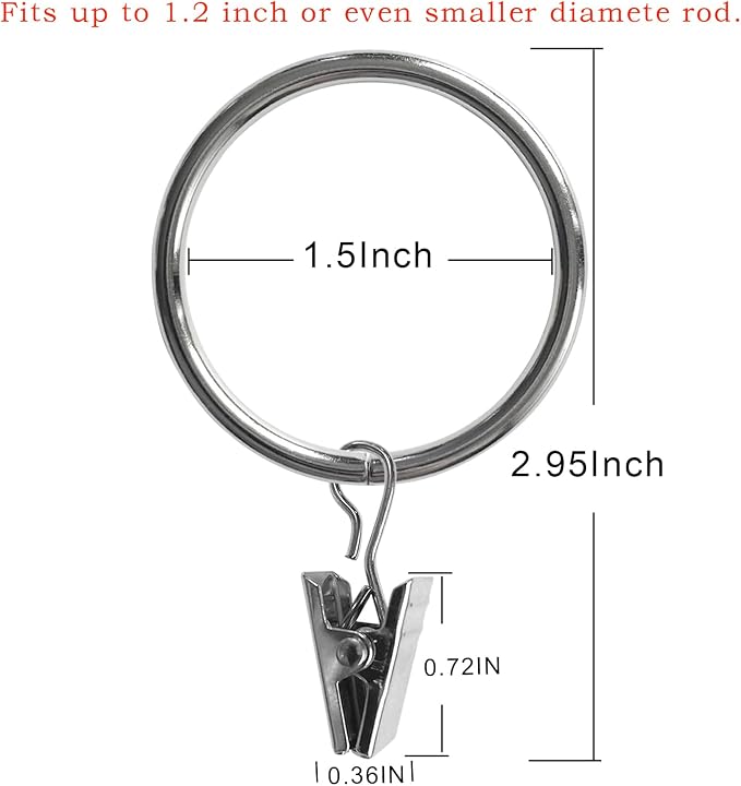 100 Pack Metal Curtain Rings with Clips, Drapery Clips Hooks, Decorative Curtain Rod Clips 1.5 in Interior Diameter, Silver