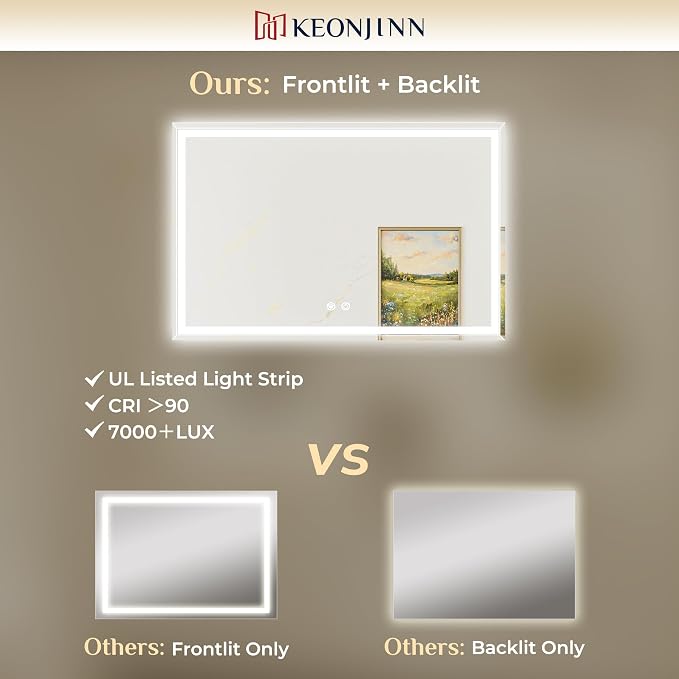 Keonjinn 48 x 36 Inch Beveled LED Bathroom Mirror with Frontlit & Backlit | HD Tempered Glass, Lighted Bathroom Mirror, 3-Color Lights, Fast & Safe Defogging, Stepless Dimmable, Memory Function, CRI90+