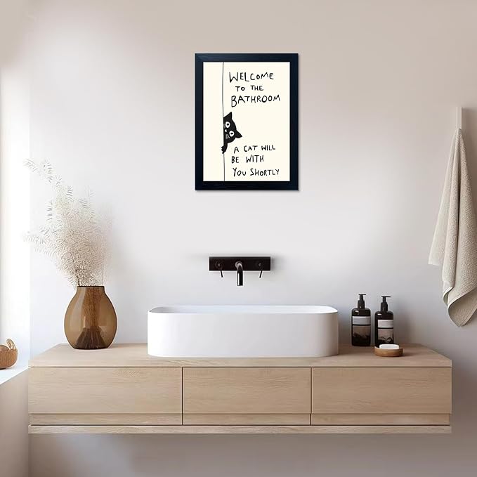 Framed Black and White Bathroom Wall Decor Welcome to the Bathroom Wall Art A cat Will be With You Shortly Funny Cat Lover Canvas Print Poster Modern Home Decor