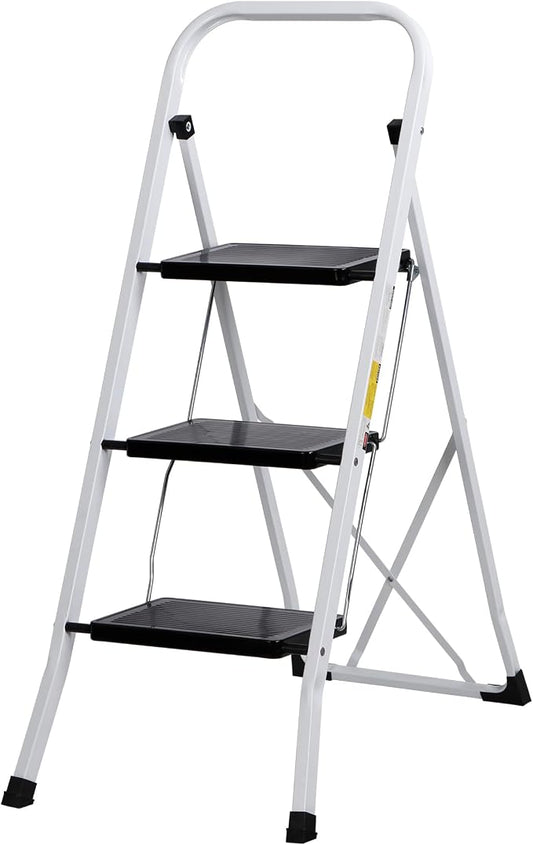 ZENY 3 Step Ladder Folding Step Stool with Wide Anti-Slip Pedal, Convenient Handgrip, Portable Steel Step Stool, 300 lbs Sturdy Steel Ladder for Household and Office, White