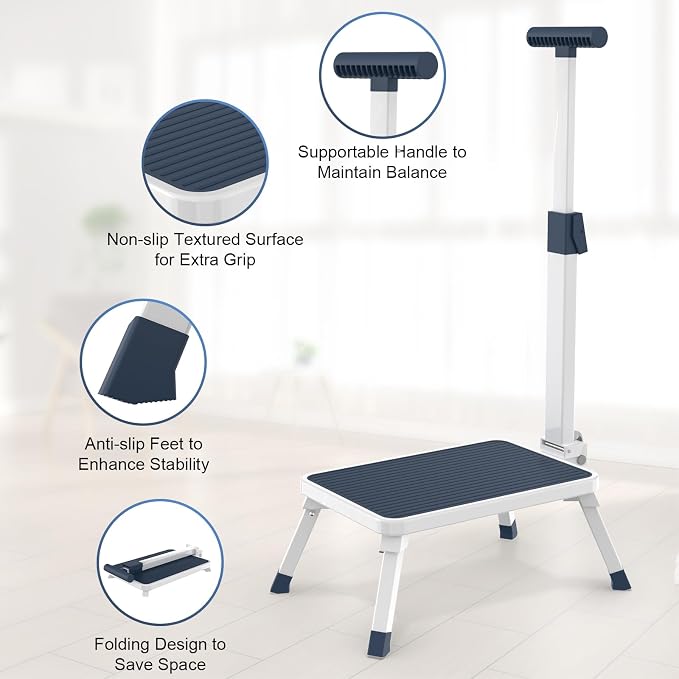 Folding Step Stool, Step Stools with Handle for Elderly Adults | Easy Assmbly, Lightweight Metal Stepping Stool with Adjustable Handrail in Kitchen, Bathroom, Bedroom, 330 Lbs Capacity