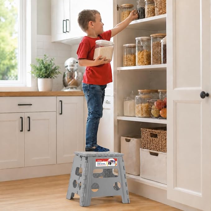13" Folding Step Stool, Non-Slip Foldable Stools for Adults, Gray | Heavy Duty Portable Collapsible Foot Stepping Stool, Holds 300 lb for Kitchen Bathroom Outdoor, Lightweight, Built-in Handle