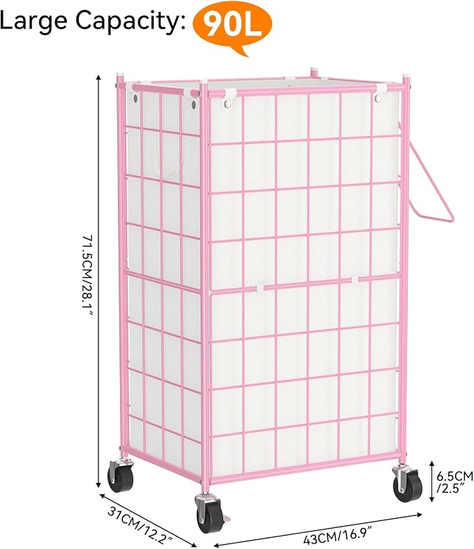 WOWLIVE Rolling Laundry Basket, Metal Wire Frame Laundry Hamper with Wheels | Hamper with Removable Bag, 100L Dirty Clothes Hamper Organizer Dorm Room Storage for Bedroom, Bathroom, Pink