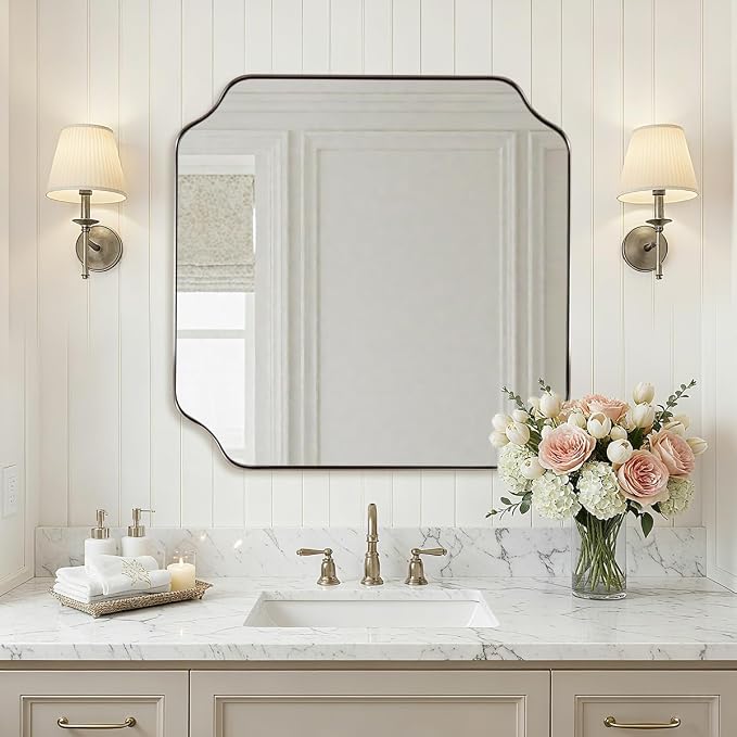 24"x24" Chrome Mirror, Polished Nickel Square Mirror for Wall, Scalloped Bathroom Mirror in Anti-Rust Stainless Steel Frame, Unique Notched Corner Designed Ideal for Home Remodel