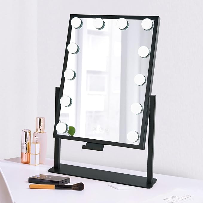 BWLLNI Vanity Mirror with Lights, Black Makeup Mirror with Phone Holder | Hollywood Mirror with 12 Dimmable LED Bulbs, 3 Color Lighting Modes, Detachable 10X Magnification, 360°Rotation