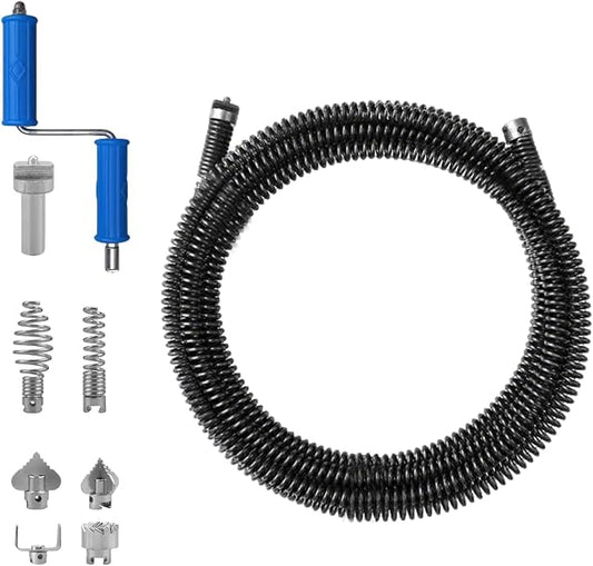 49.2ft x 1/2" Drain Snake Plumbing Pipe Cleaning Cable w/ 6 Cutters | Heavy-Duty Stainless Steel, Manual & Powered Adapter, Auto Feed, Hollow Core Design, Interchangeable Blades, for Sinks & Tubs