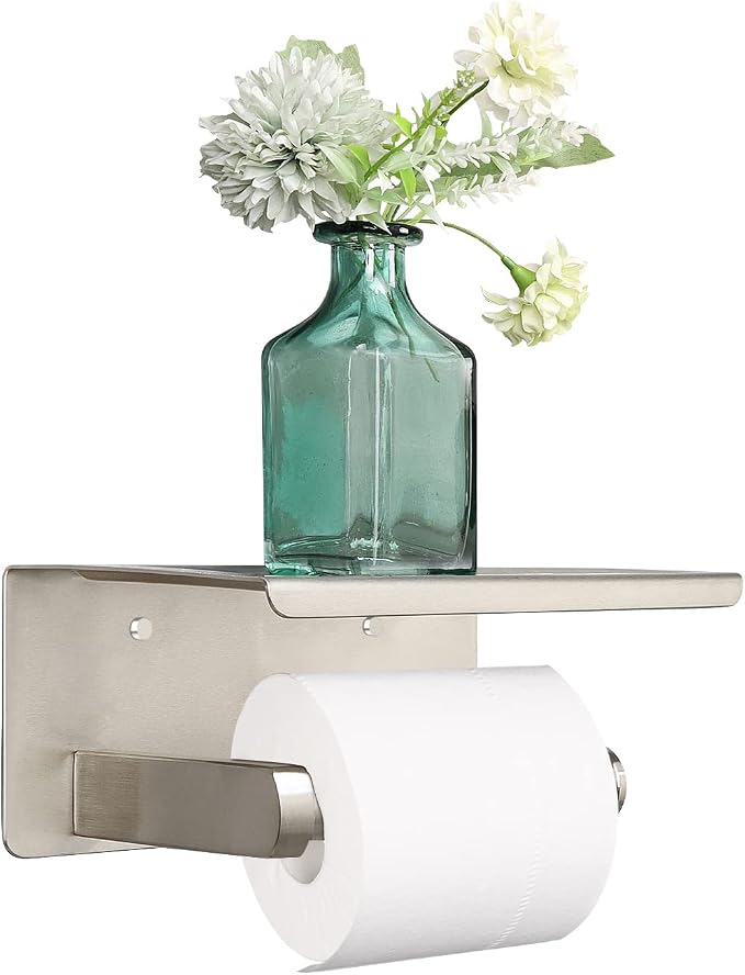 NearMoon Toilet Paper Holder with Shelf, Heavy Duty Bath Toilet Roll Holder with Phone Shelf Tissue Hanger for Bathroom/Kitchen No Drill or Wall Mounted(304 Stainless Steel, Brushed Nickel)