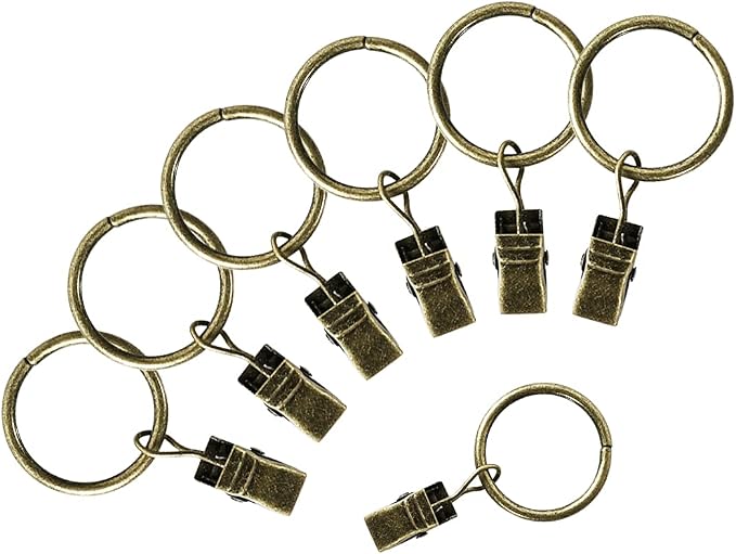 Lansian 44 Pack Curtain Rings with Clips Hooks 1 in Diameter Rustproof | Metal Stainless Steel Drapery Rings for Tension Rod Bracket Eyelets Decorative Hanger, Fits 3/4 in Rods, Antique Brass