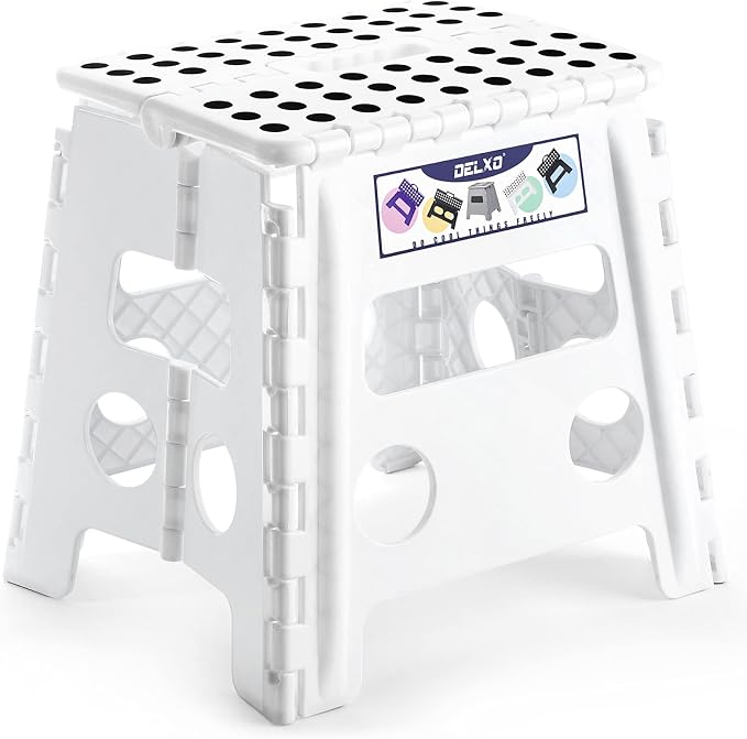 Delxo Folding Step Stool 13 Inch,300 Lbs Step Stool for Adults White | Foldable Step Stool 13",Non-Slip Foot Stools with Handle,Lightweight Collapsible stools for Kitchen,Bathroom,Bedroom,Garden