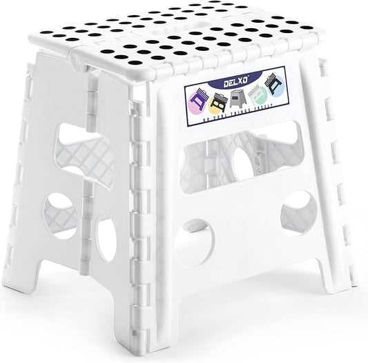 Delxo Folding Step Stool 13 Inch,300 Lbs Step Stool for Adults White | Foldable Step Stool 13",Non-Slip Foot Stools with Handle,Lightweight Collapsible stools for Kitchen,Bathroom,Bedroom,Garden