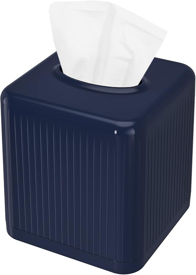 Livelab Tissue Box Cover with Base, Square Plastic Tissue Box Holder Decorative Tissue Box Case Modern Facial Paper Dispenser for Bathroom, Vanity Countertops, Night Stands, Desk - Navy Blue