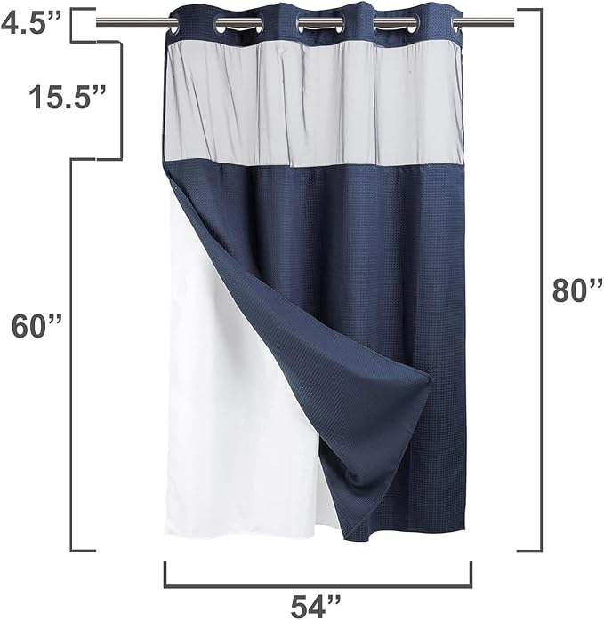 River Dream Heavyweight Waffle No Hook Shower Curtain with Liner,Navy,54x80 | Dotted Waffle,Snap-in Liner,Heavy Duty,Quick Dry,Mesh Top Window,With Bottom Magnets,Hotel-Grade,Washable,Stall Long Size