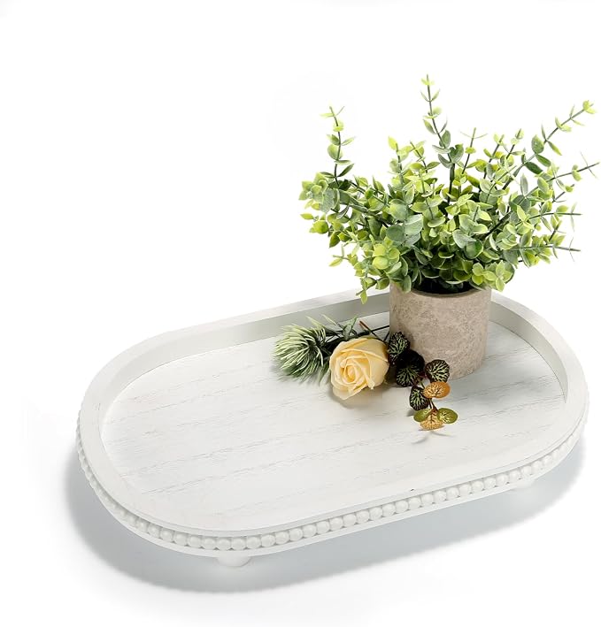 Wooden Beaded White Oval Decorative Tray for Home Office Coffee Bar | Rustic Wood Serving Trays for Coffee Table Farmhouse Centerpieces for Living Room Kitchen Counter (White Oval)