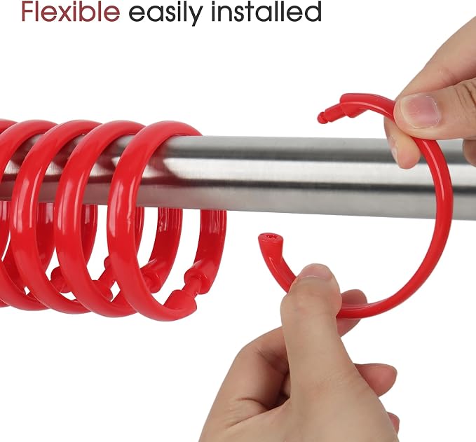 Red Shower Curtain Hooks - 12 Pcs Circular Plastic Shower Curtain Rings for Bathroom - O Shaped Red Shower Hooks Rings for Shower Curtain Rod