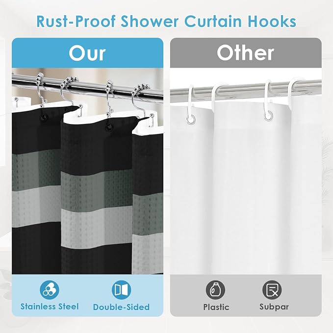 3 in 1 Shower Curtain and Liner,72 x 72 inch, Black Striped | Grey Geometric Shower Curtain and PEVA Liner Set with 12 Rust-Resistant Metal Hooks, Waterproof Fabric Curtains for Bathroom