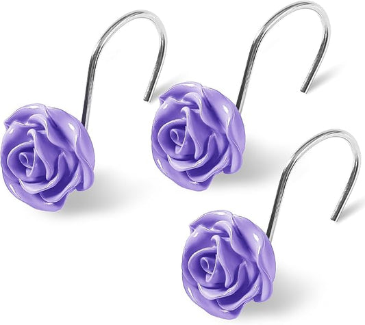 Cute Rose Floral Shower Curtain Hooks Rings for Bathroom,Purple 12PCS | Metal Rustproof Curtain Hooks Shower Rings,Girls Decorative Flower Bathroom Decor,for Bathroom Shower Rods