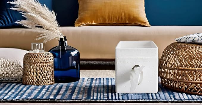 Hymmah Tray Tissue Box Cover Holder Unique Cube Design Tissue Dispenser Cover Decor for Vanity Counter Tops Also Great for Bedroom and Living Room White